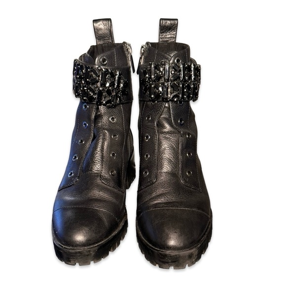 KARL LAGERFELD PARIS PAYSON JEWELED STRAP BLOCK HEEL COMBAT Boots BLACK 8,5 - Picture 2 of 9